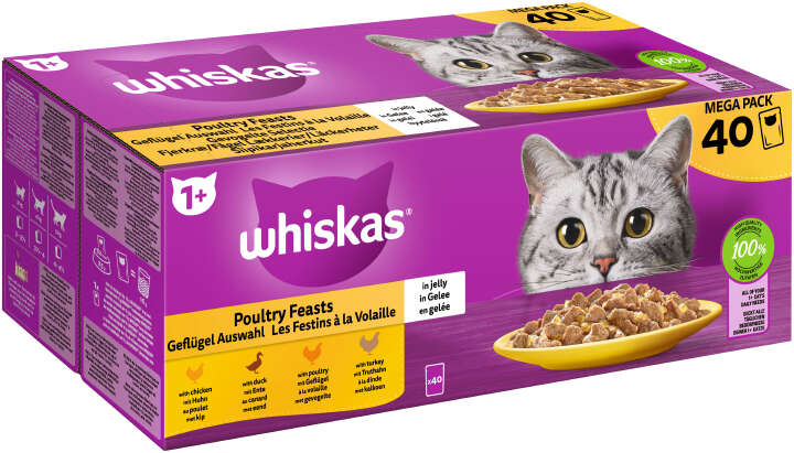 whiskas Katzen-Nassfutter Portionsbeutel Multipack 1+ Geflügel Auswahl in Gelee 40 x 85g